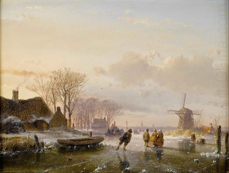 Skaters and figures on a frozen river, Andreas Schelfhout